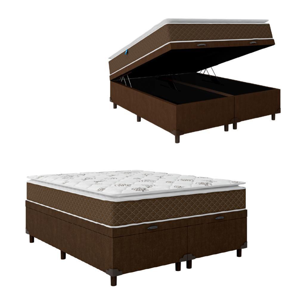 Cama Box Baú Casal Queen Colchão Molas Ensacadas Pillow Top Martino 158X198X66Cm Marrom/Branco - 1