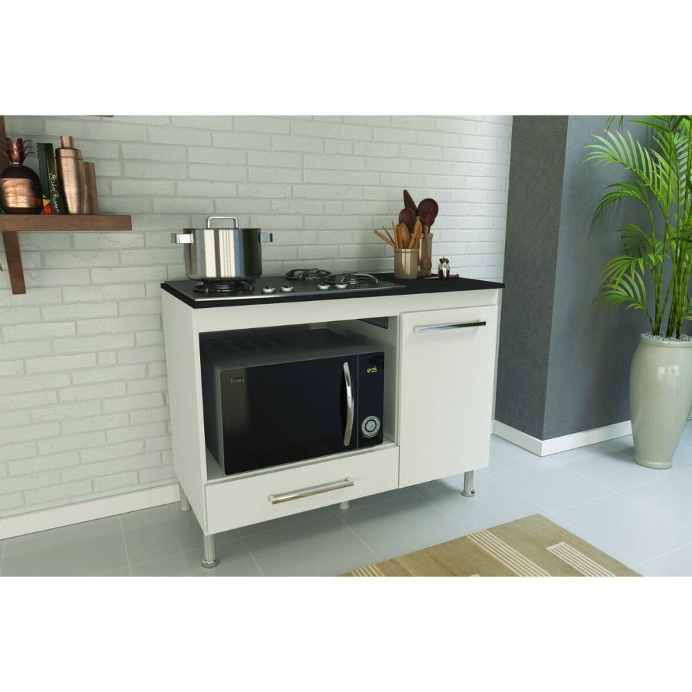 Balcão De Cozinha Para Cooktop-forno 105cm Com Tampo 1 Porta 1 Gaveta Multimóveis Cr20498 Branco-preto - 1