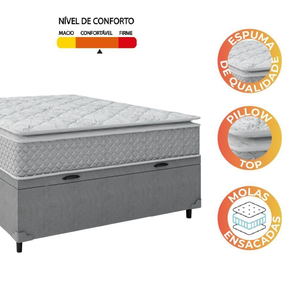 Cama Box Baú Casal Colchão Molas Ensacadas Pillow Top Perfect 138X188X74Cm Cinza/Branco - 3