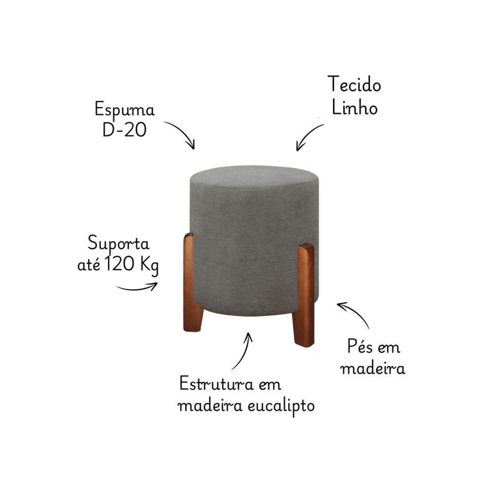 2 Puff Decorativo Luna Redondo Tecido Linho Pé De Madeira Cinza - 3