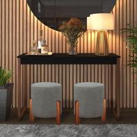 2 Puff Decorativo Luna Redondo Tecido Linho Pé De Madeira Cinza - 2