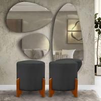 2 Puff Principe Thor Redondo Pés De Madeira Tecido Veludo Cinza - 1