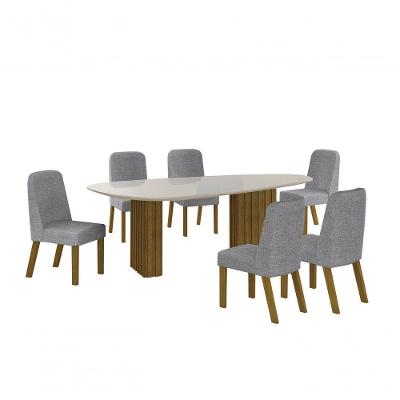 Conjunto Sala De Jantar Mesa Orgânica Com Vidro 200cm Com 6 Cadeiras Pé Mdf Isis Freijó/off White/linho Cinza