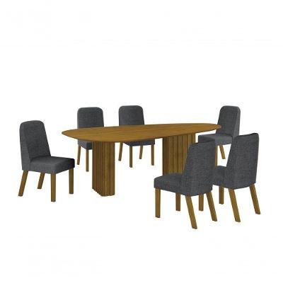 Conjunto Sala De Jantar Mesa Orgânica Sem Vidro 180cm Com 6 Cadeiras Pé Mdf Isis Freijó/linho Chumbo