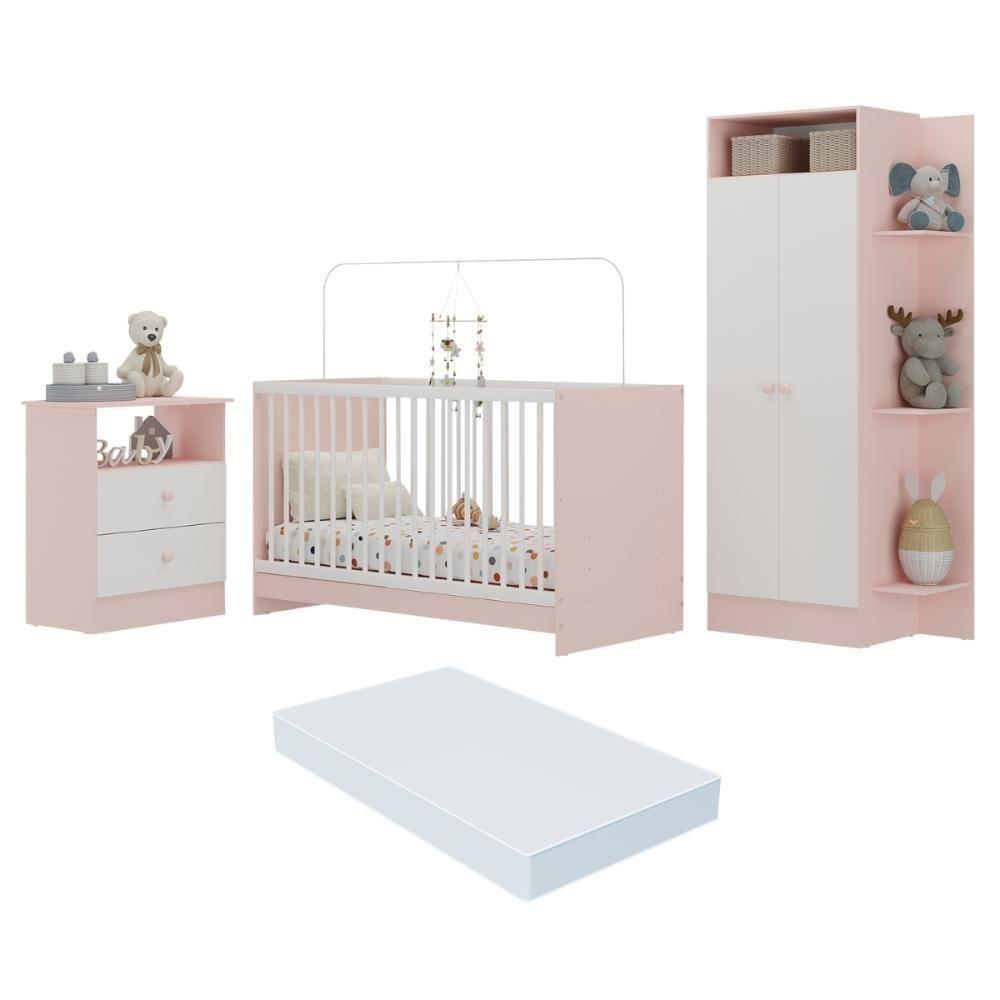 Jogo De Quarto Infantil Com Colchão Incluso Trevalla Móveis Pom Pom - Rosa-branco Rosa-branco - 1