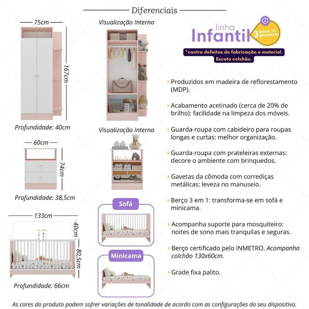 Jogo De Quarto Infantil Com Colchão Incluso Trevalla Móveis Pom Pom - Rosa-branco Rosa-branco - 3