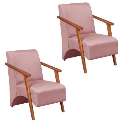 Kit 2 Poltronas Venus 1 Lugar Braço Madeira Maciça Tecido Suede Rosa Unidecor