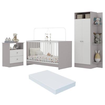 Jogo De Quarto Infantil Com Colchão Incluso Trevalla Móveis Pom Pom - Cinza-branco Cinza-branco