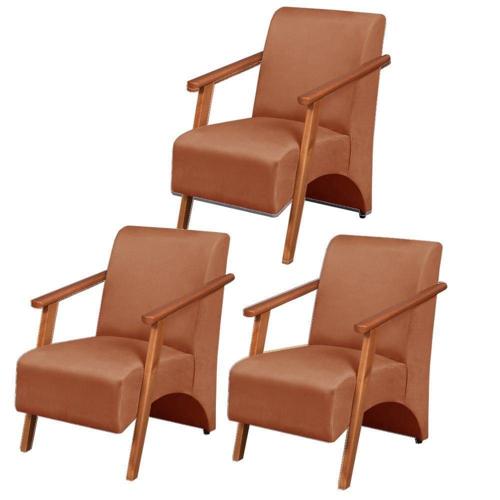 Kit 3 Poltronas Venus 1 Lugar Braço Madeira Maciça Tecido Suede Unidecor Terracota - 1