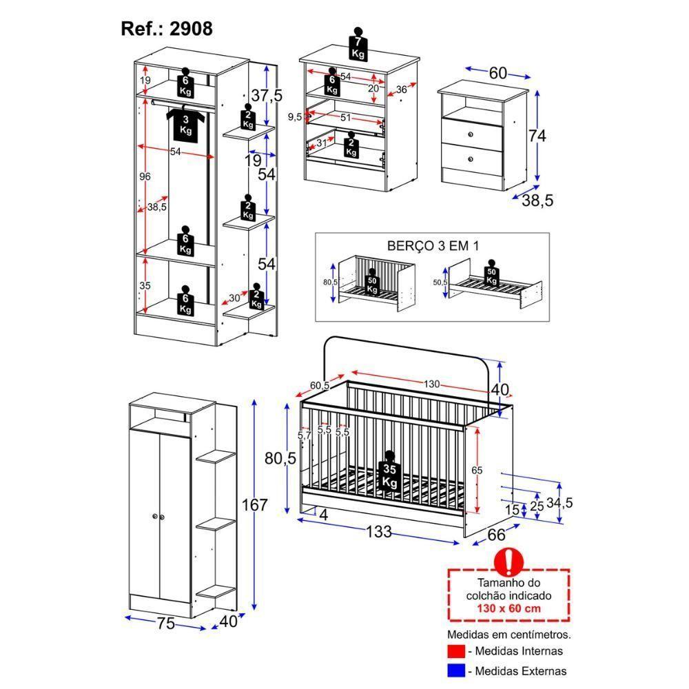 Jogo De Quarto Infantil Trevalla Móveis Pom Pom 3 Peças - Azul-branco Azul-branco - 4