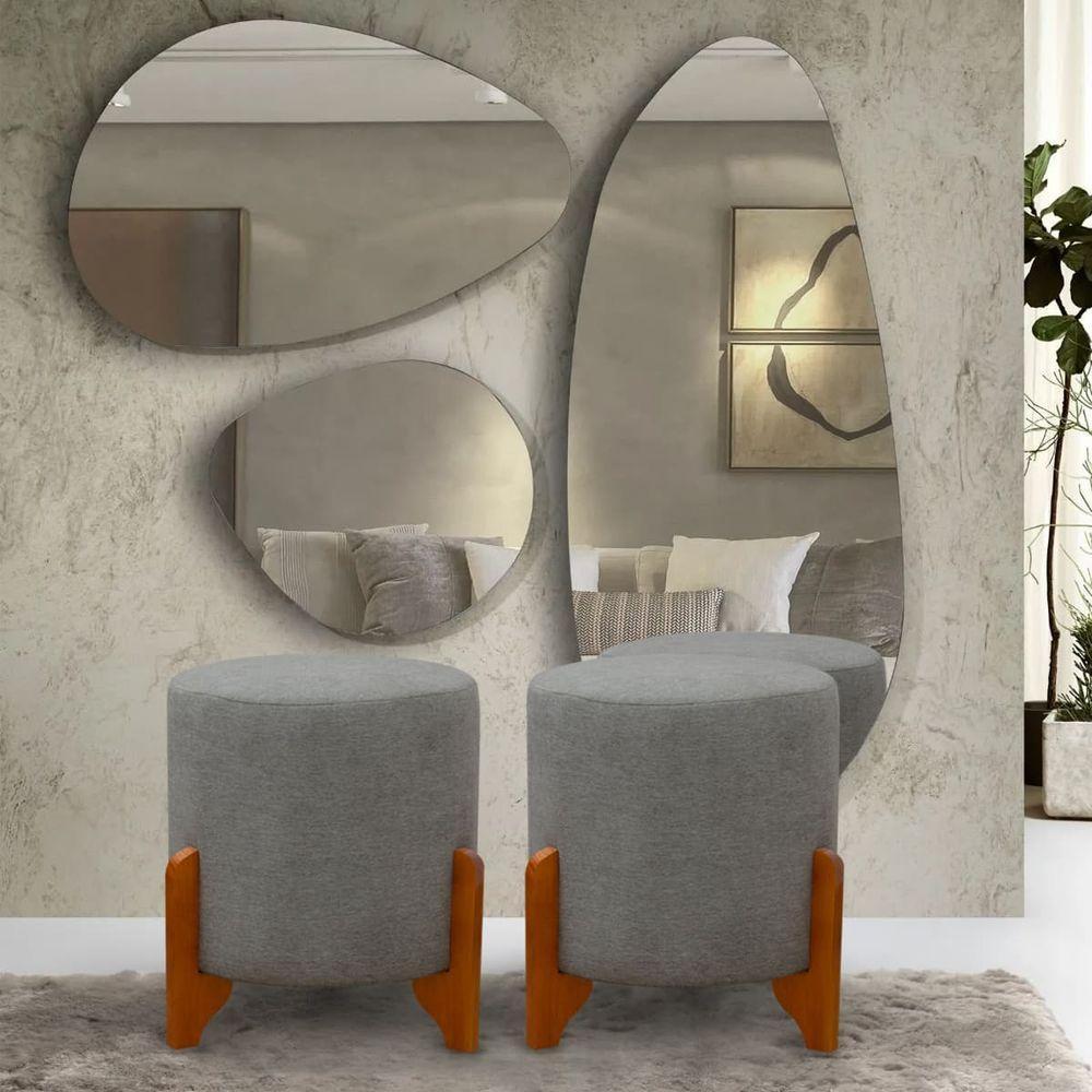 Kit 2 Puffs Banquetas Thor Pés De Madeira Maciça Linho Cinza - 1