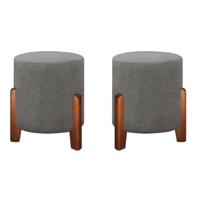 Puff Banqueta Decorativo Luna Linho Veludo Pés Madeira linho Cinza