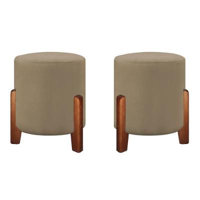 Puff Banqueta Decorativo Luna Linho Veludo Pés Madeira veludo Bege