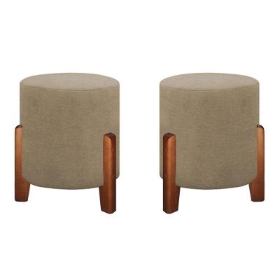 Puff Banqueta Decorativo Luna Linho Veludo Pés Madeira linho Bege