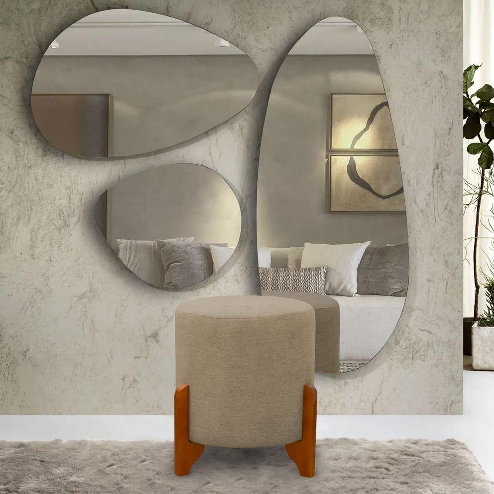 Puff Principe Thor Tecido Em Linho Pes De Madeira Bege - 1