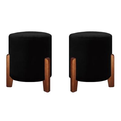 Puff Banqueta Decorativo Luna Linho Veludo Pés Madeira veludo Preto