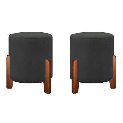 Puff Banqueta Decorativo Luna Linho Veludo Pés Madeira Veludo Cinza