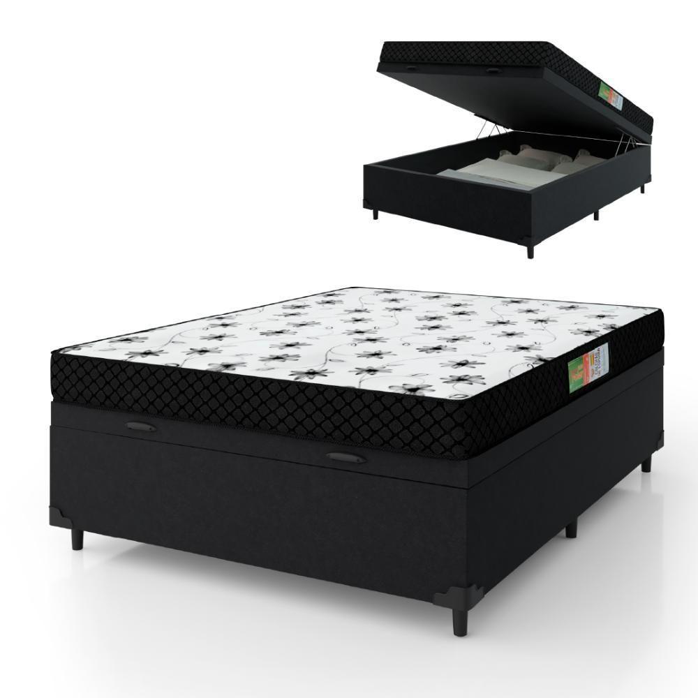 Cama Box Com Baú Casal Colchão Espuma 138X188X53Cm Polar Branco / Preto Preto - 1