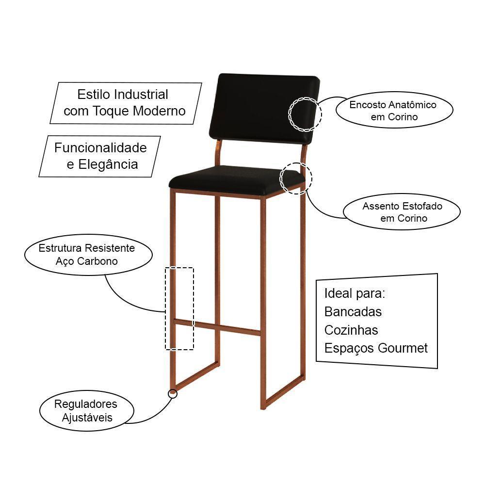 Banqueta Com Encosto Industrial E Moderna Nina Cobre E Corino Preto - 3