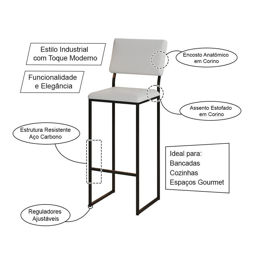 Banqueta Com Encosto Industrial E Moderna Nina Preto E Corino Branco - 3