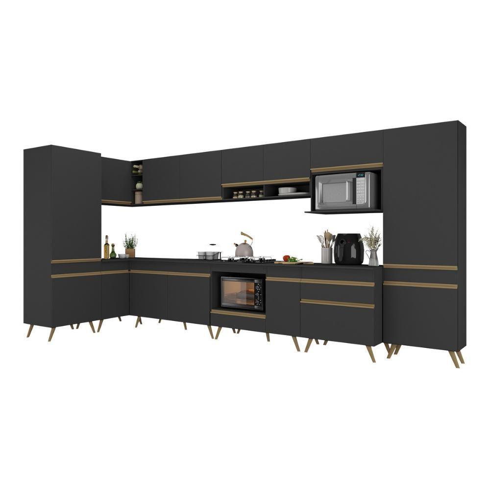 Armário De Cozinha Modulada Completa Canto 409cm Com Balcão Veneza Multimóveis Mp2303 Preto-dourado Preto-dourado - 2