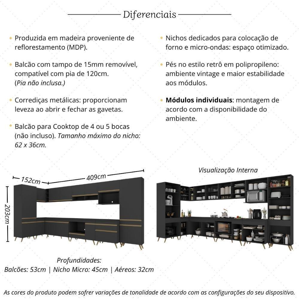 Armário De Cozinha Modulada Completa Canto 409cm Com Balcão Veneza Multimóveis Mp2303 Preto-dourado Preto-dourado - 3