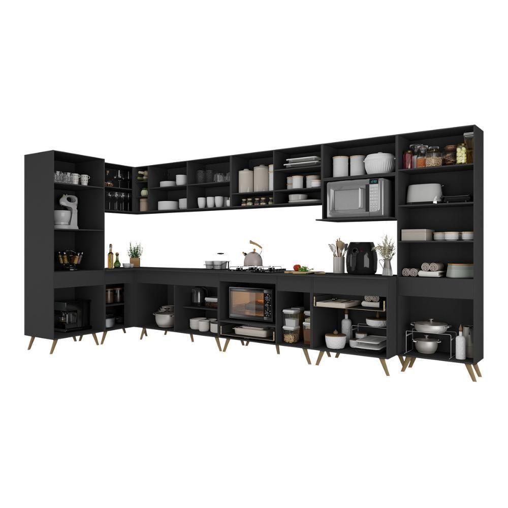 Armário De Cozinha Modulada Completa Canto 409cm Com Balcão Veneza Multimóveis Mp2303 Preto-dourado Preto-dourado - 5