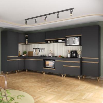 Armário De Cozinha Modulada Completa Canto 409cm Com Balcão Veneza Multimóveis Mp2303 Preto-dourado Preto-dourado