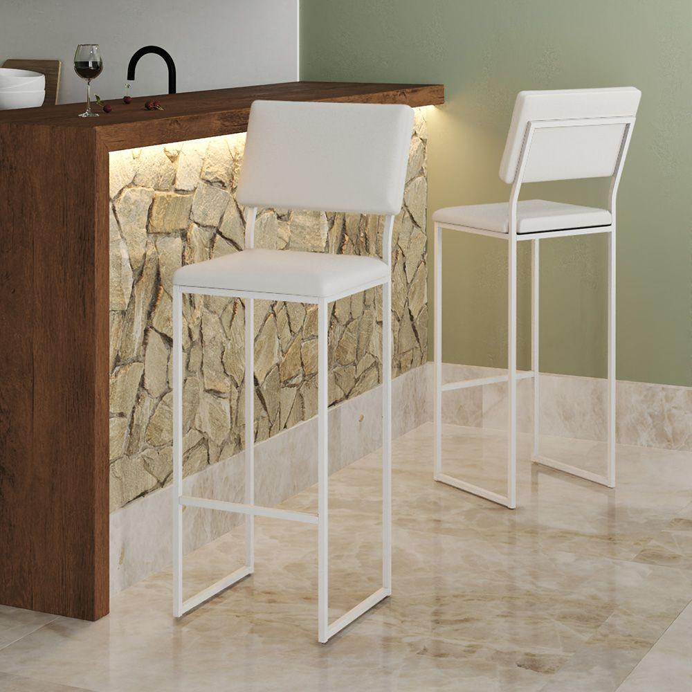 Banqueta Com Encosto Industrial E Moderna Nina Branco E Corino Branco - 1