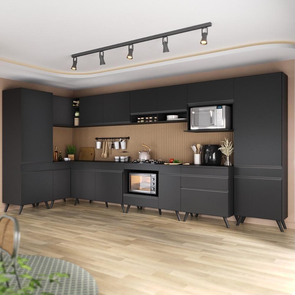 Armário De Cozinha Modulada Completa Canto 409cm Com Balcão Veneza Multimóveis Mp2303 Preto - 1