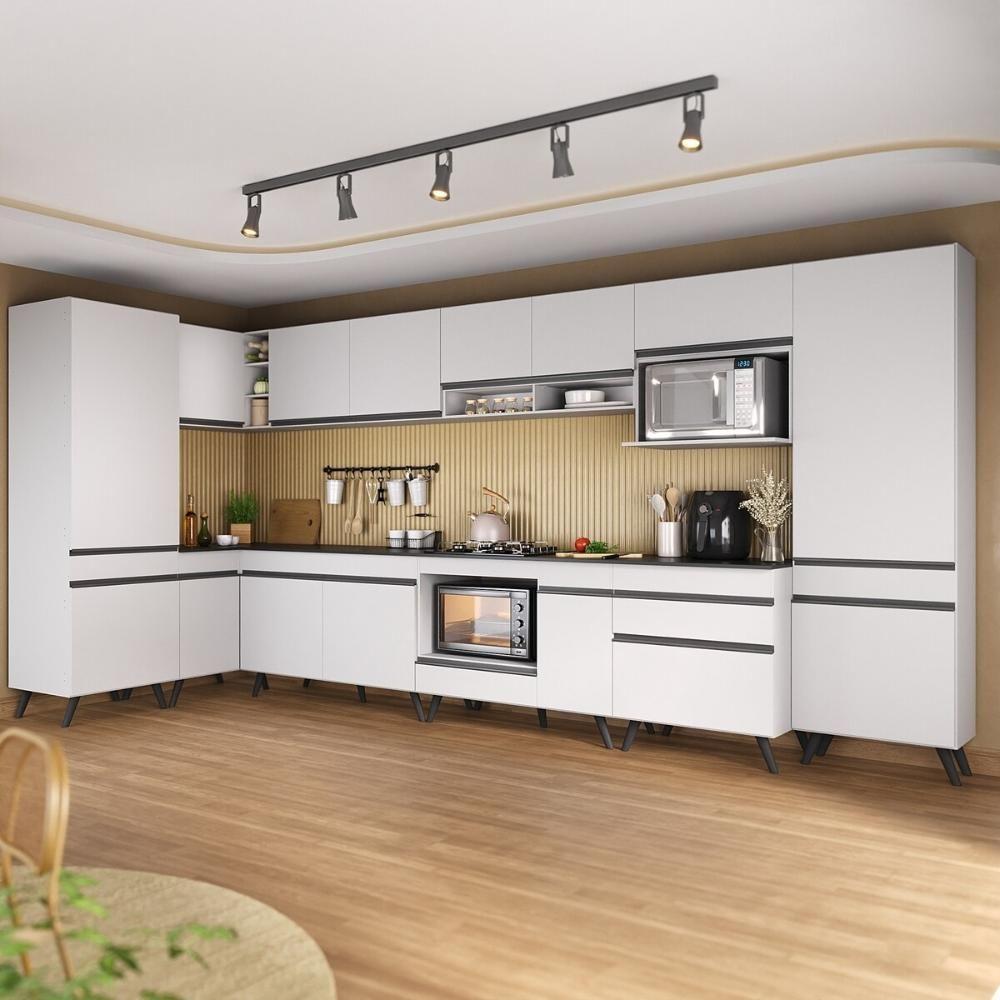 Armário De Cozinha Modulada Completa Canto 409cm Com Balcão Veneza Multimóveis Mp2303 Branco-preto - 1