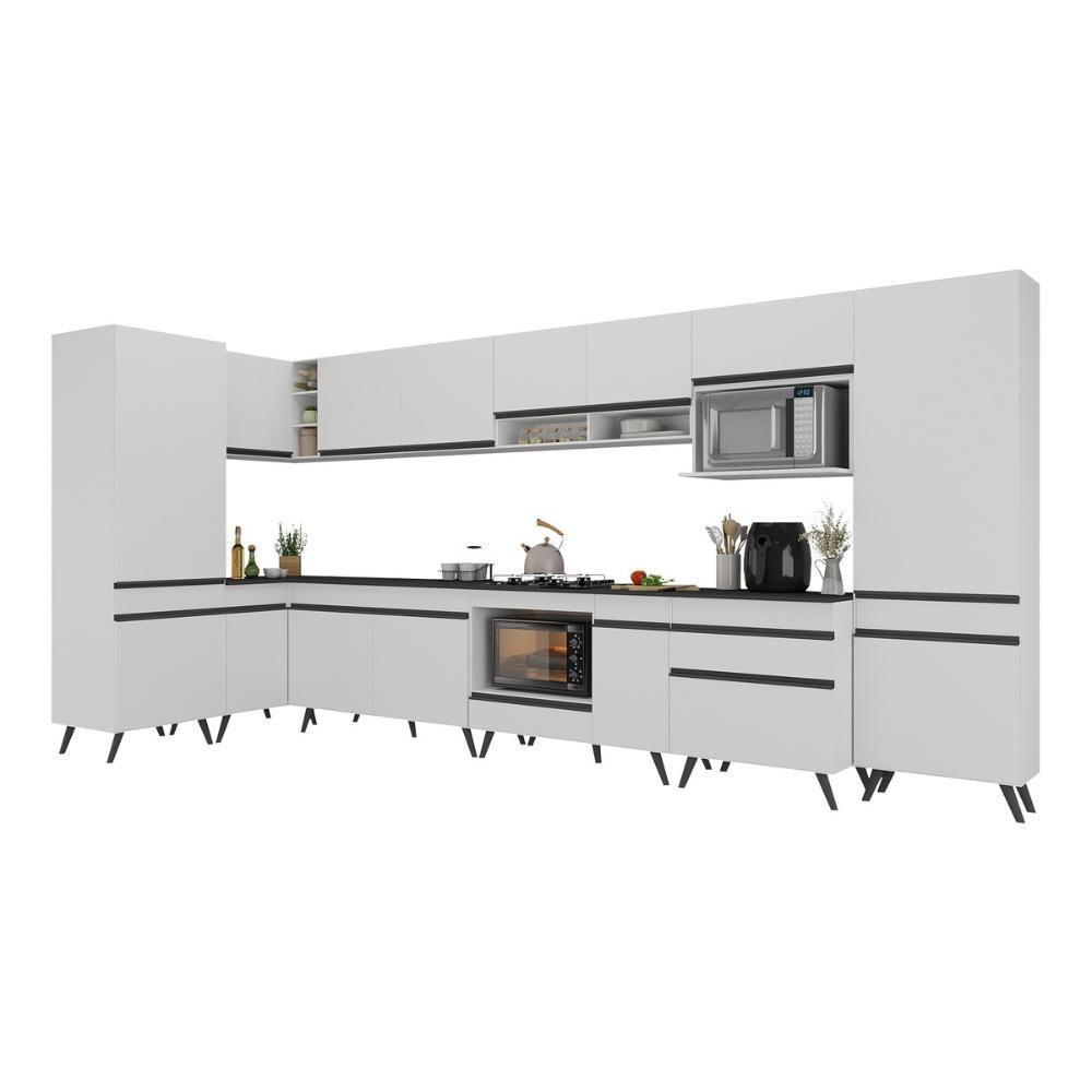 Armário De Cozinha Modulada Completa Canto 409cm Com Balcão Veneza Multimóveis Mp2303 Branco-preto - 2