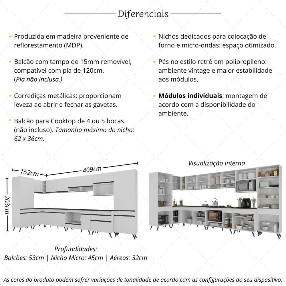 Armário De Cozinha Modulada Completa Canto 409cm Com Balcão Veneza Multimóveis Mp2303 Branco-preto - 3