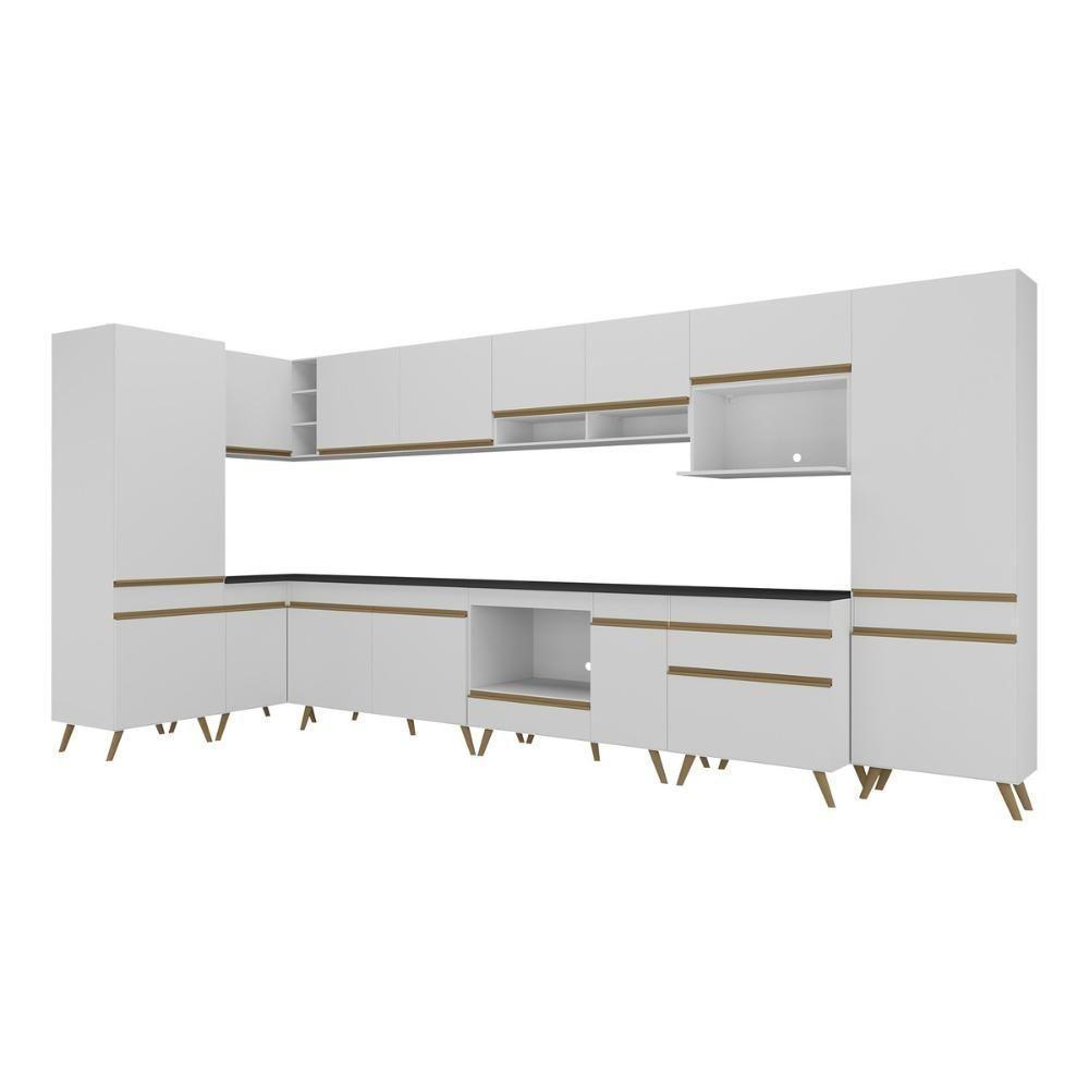 Armário De Cozinha Modulada Completa Canto 409cm Com Balcão Veneza Multimóveis Mp2303 Branco-dourado - 2