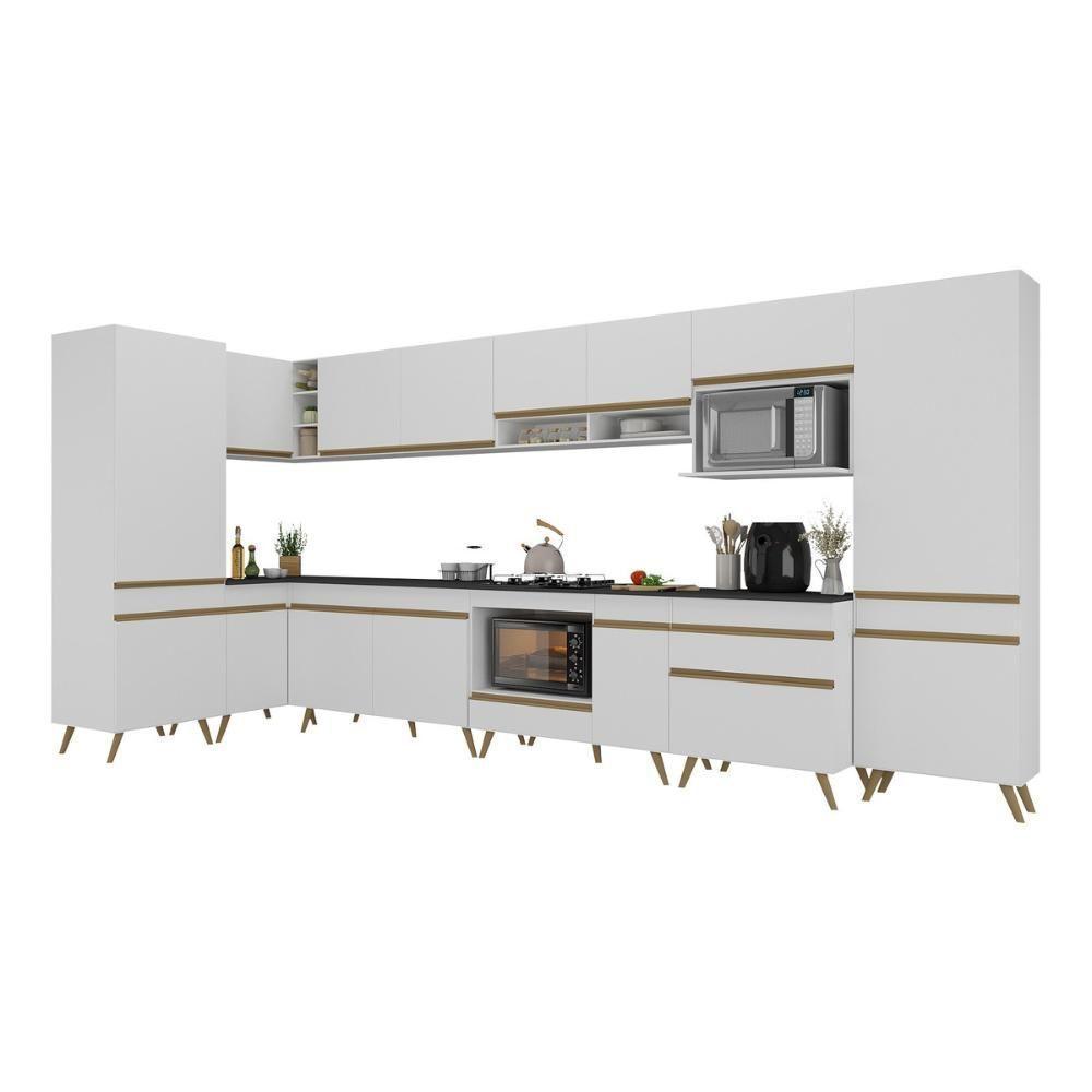 Armário De Cozinha Modulada Completa Canto 409cm Com Balcão Veneza Multimóveis Mp2303 Branco-dourado - 4
