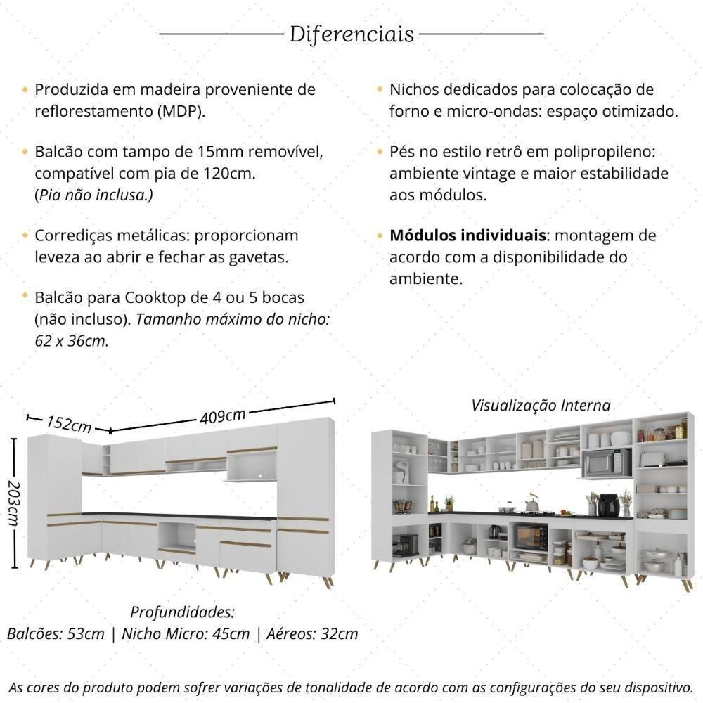Armário De Cozinha Modulada Completa Canto 409cm Com Balcão Veneza Multimóveis Mp2303 Branco-dourado - 5