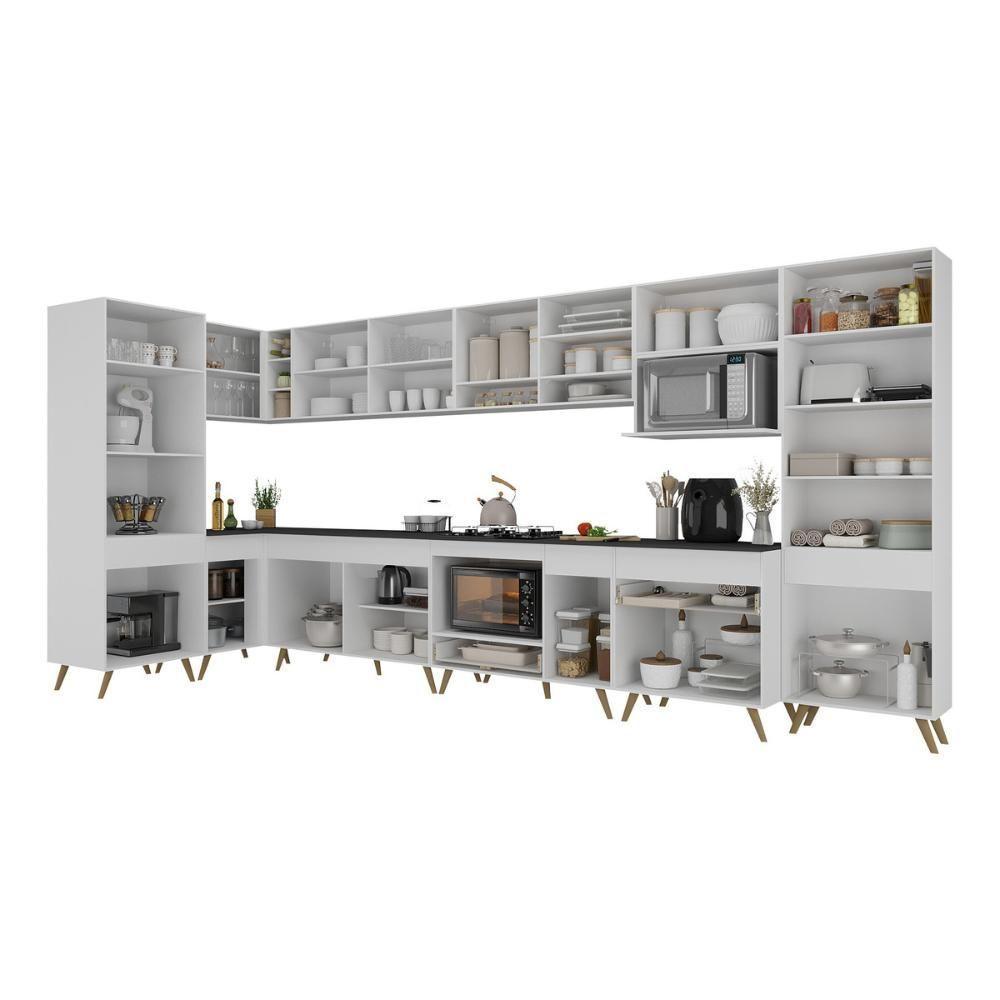 Armário De Cozinha Modulada Completa Canto 409cm Com Balcão Veneza Multimóveis Mp2303 Branco-dourado - 7