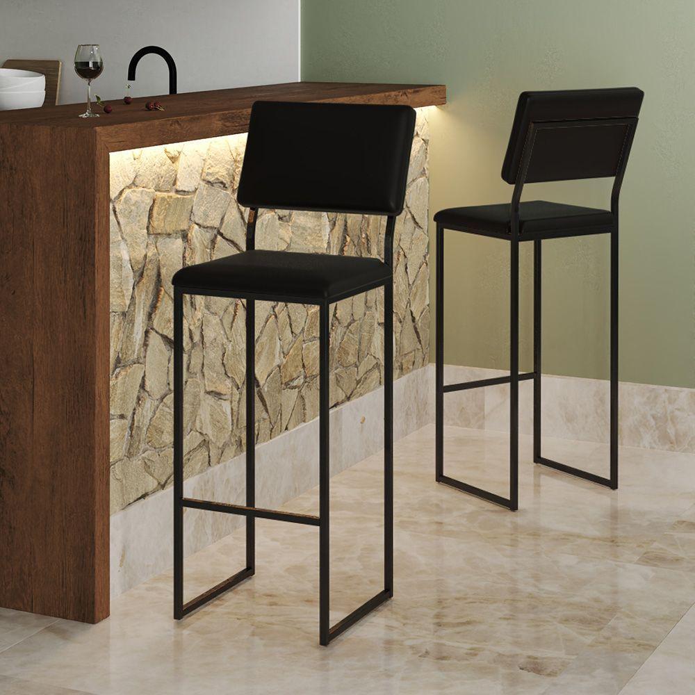 Banqueta Com Encosto Industrial E Moderna Nina Preto E Corino Preto - 1
