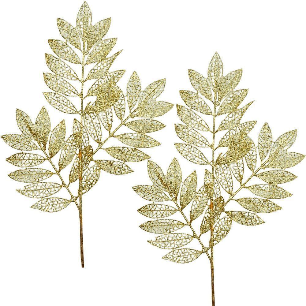 Plantas Folhas Decoração Natal Gliter Dourado 75cm Kit 4pçs - 3