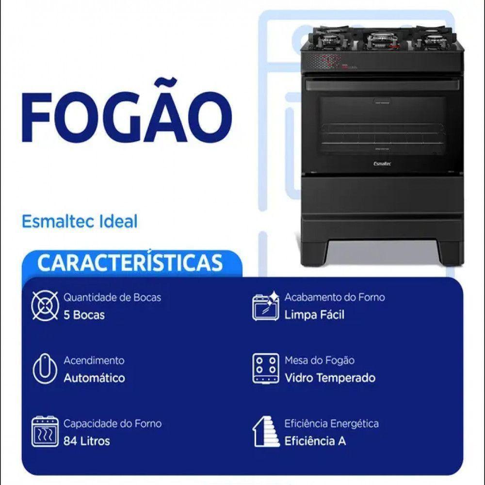 Fogão Esmaltec Ideal Top Glass 5 Bocas T5VAP 5126 Acendimento Automático Preto Bivolt - 4