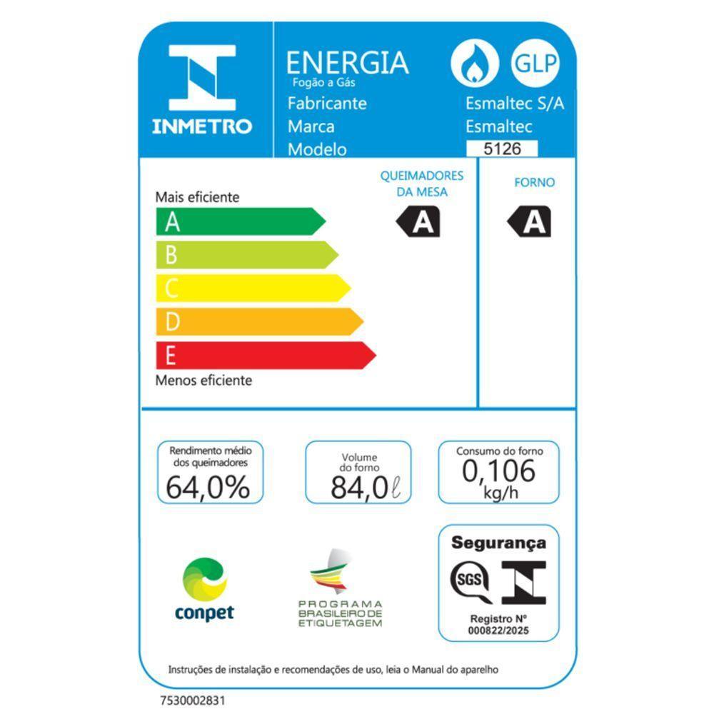 Fogão Esmaltec Ideal Top Glass 5 Bocas T5VAP 5126 Acendimento Automático Preto Bivolt - 6