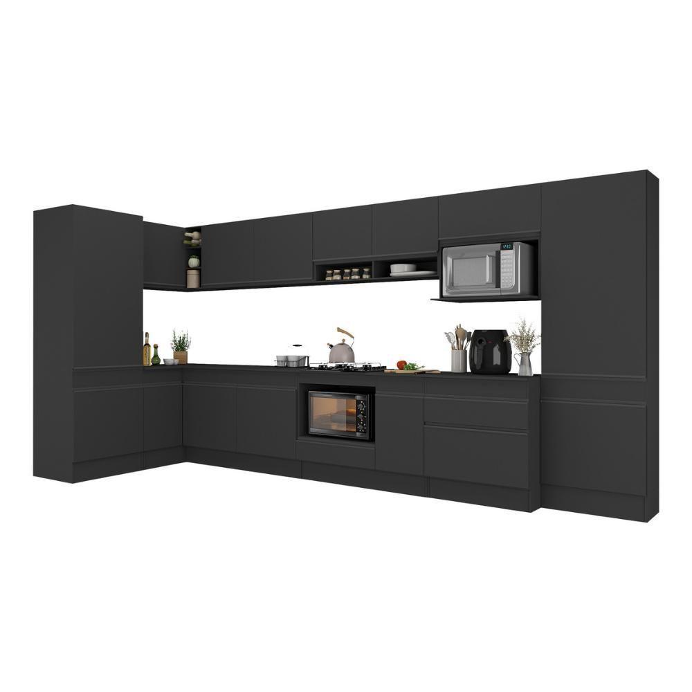 Cozinha Modulada Completa Canto 409cm Com Rodapé E Balcão Para Cooktop Veneza Multimóveis Mp2304 Preto - 2