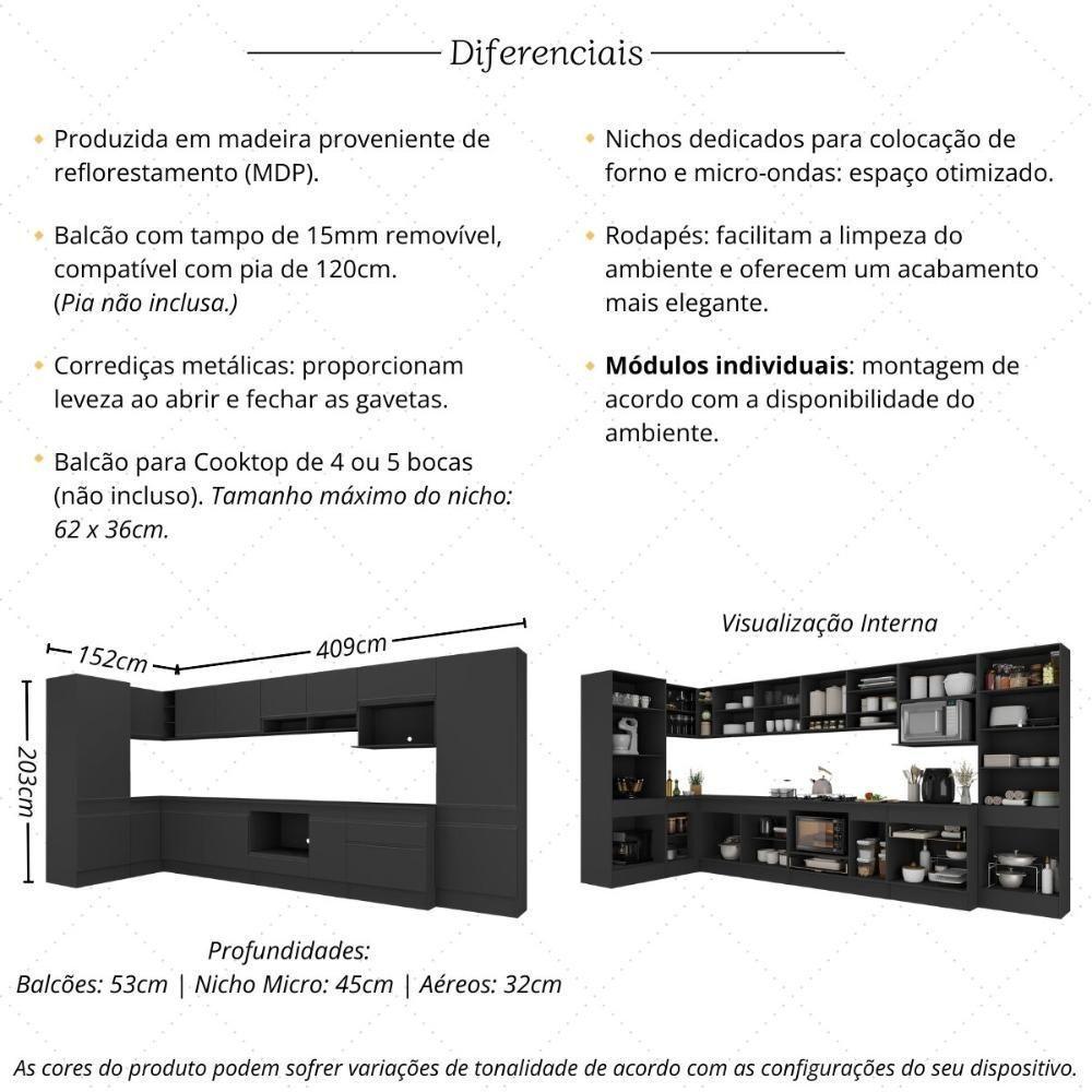 Cozinha Modulada Completa Canto 409cm Com Rodapé E Balcão Para Cooktop Veneza Multimóveis Mp2304 Preto - 3