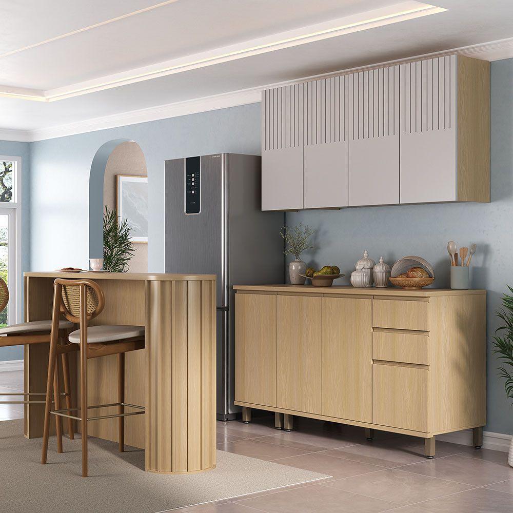 Cozinha Compacta 100% Mdf 5 Peças Tampo E Bancada 324cm Aura Carvalho Uv-cinza Cristal Pet - 1