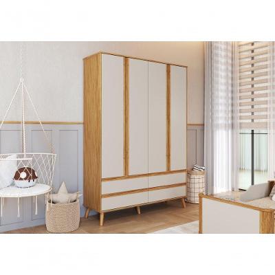 Guarda Roupa Casal Retro Théo 4 Portas Bater 4 Gavetas Amendoa-off White MDF Móveis