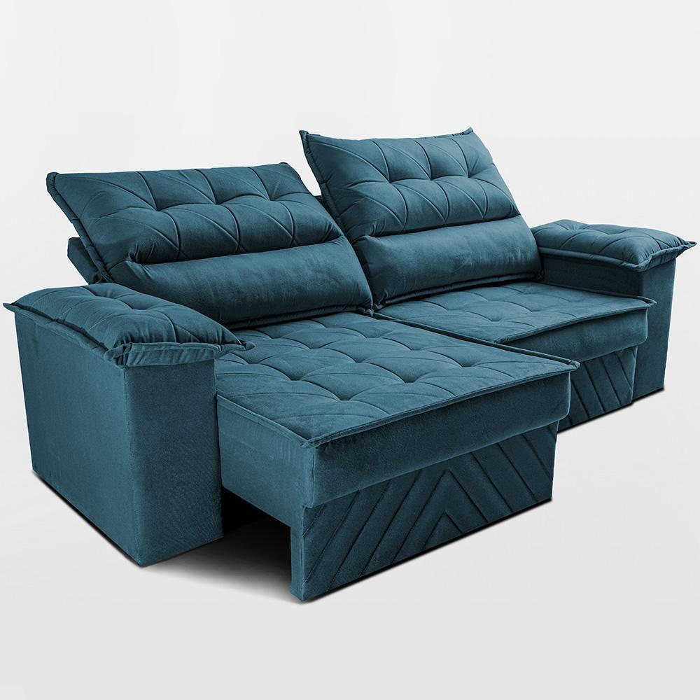 Sofá Retrátil E Reclinável 2,40m Com Molas E Espuma D33 Thunder. Velusoft Cama Inbox Petróleo - 6