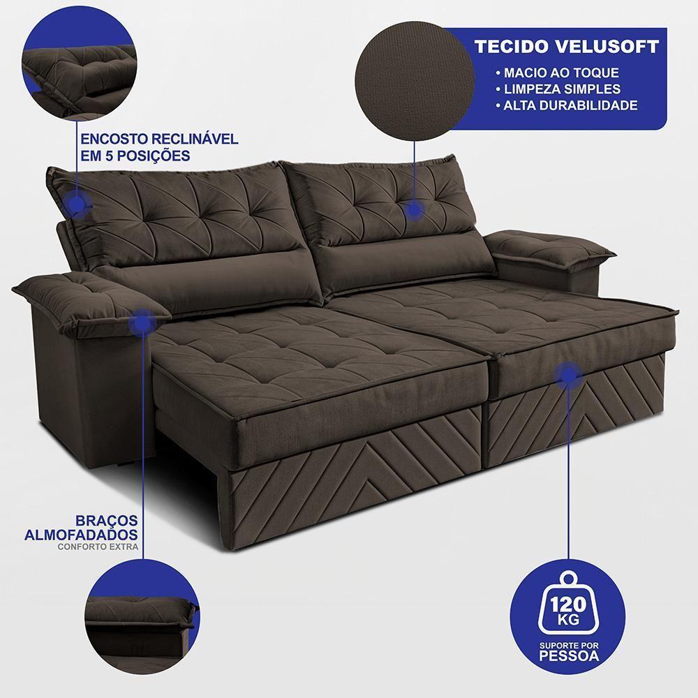 Sofá Retrátil E Reclinável 2,10m Com Molas E Espuma D33 Thunder. Velusoft Cama Inbox Café - 2