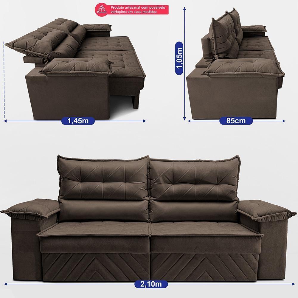 Sofá Retrátil E Reclinável 2,10m Com Molas E Espuma D33 Thunder. Velusoft Cama Inbox Café - 3