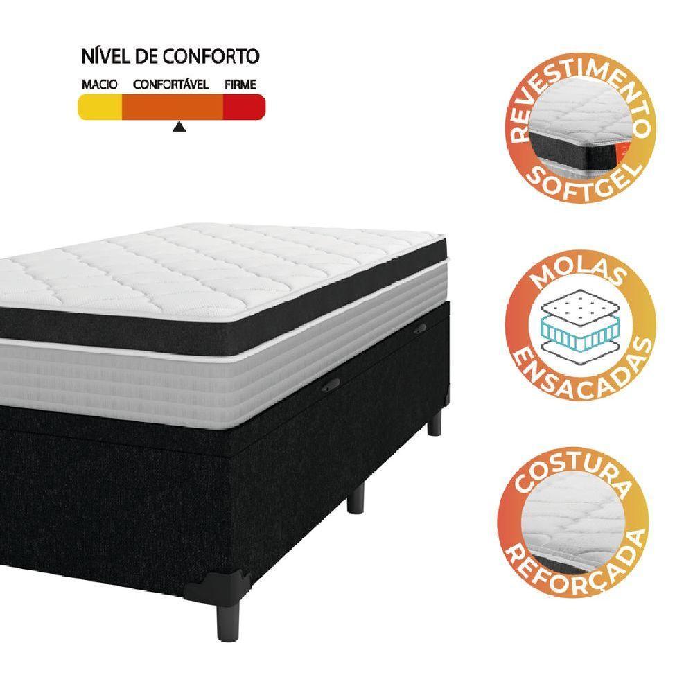 Cama Box Baú Solteiro Colchão Molas Ensacadas Real 88x188x68cm Preto / Cinza - Suporta Até 130kg Por Pessoa Preto - 4