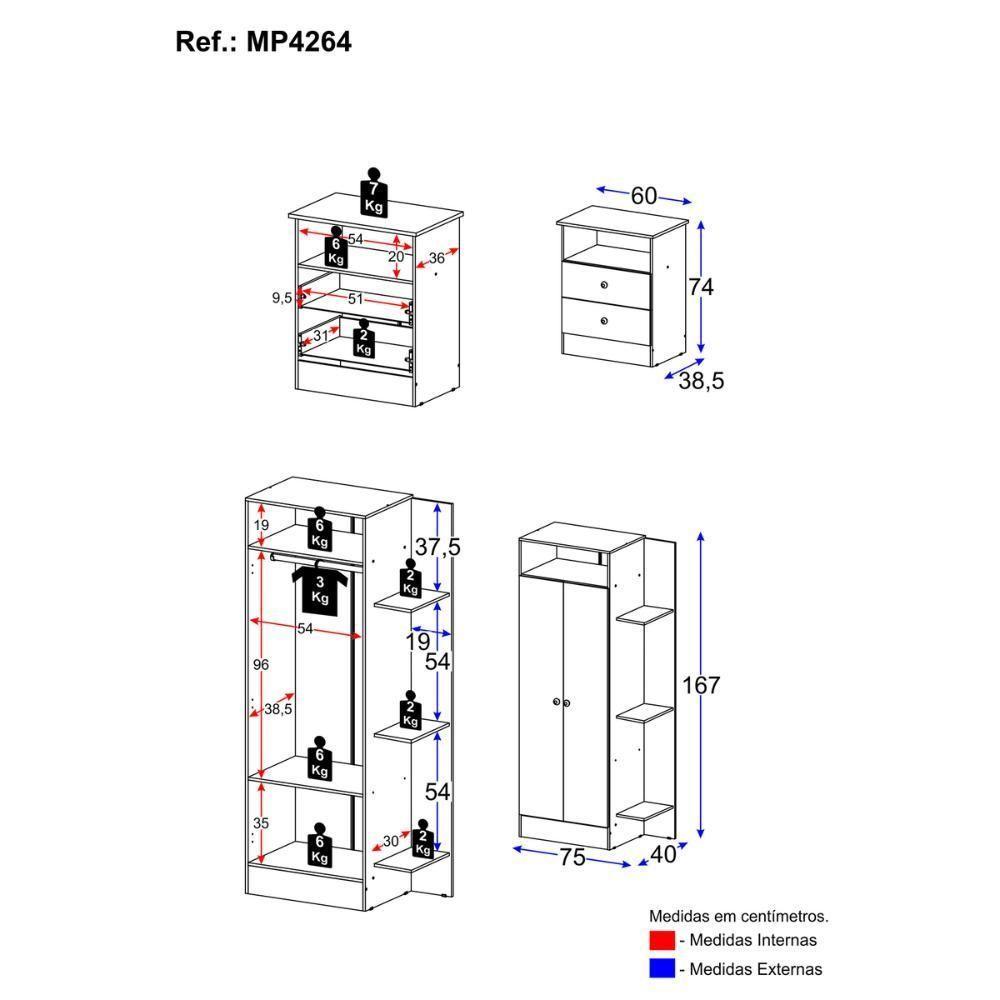Guarda-roupas 2 Portas Com Cômoda 2 Gavetas Multimóveis Mp4264 - Azul-branco Azul-branco - 3